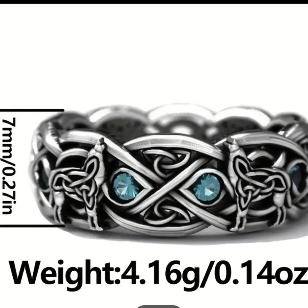 Celtic Blue Rhinestone Ring Wolf Pattern Double Wolf Rhinestone NWT - Picture 5 of 12